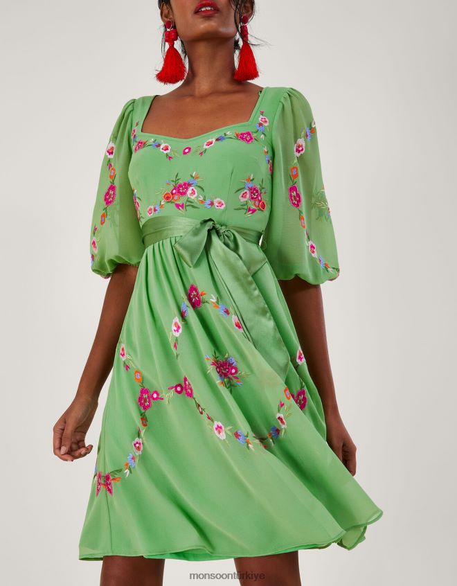 Monsoon kadınlar Emelia geri dönüştürülmüş polyesterden çiçek işlemeli elbise JH86BT270 Giyim yeşil