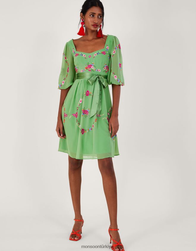 Monsoon kadınlar Emelia geri dönüştürülmüş polyesterden çiçek işlemeli elbise JH86BT270 Giyim yeşil