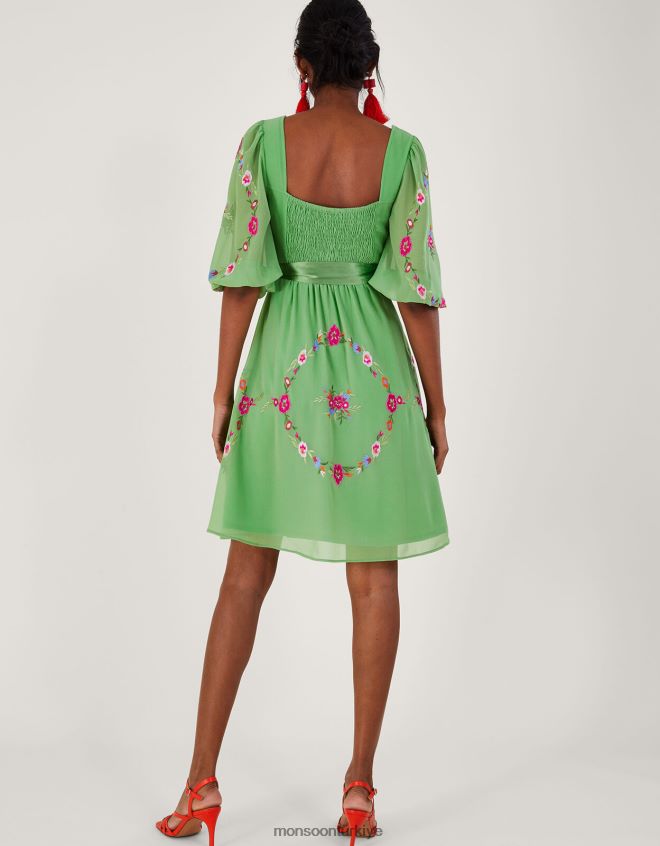 Monsoon kadınlar Emelia geri dönüştürülmüş polyesterden çiçek işlemeli elbise JH86BT270 Giyim yeşil