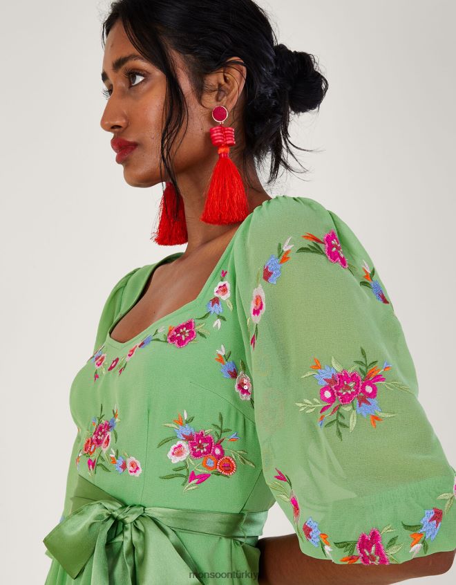 Monsoon kadınlar Emelia geri dönüştürülmüş polyesterden çiçek işlemeli elbise JH86BT270 Giyim yeşil