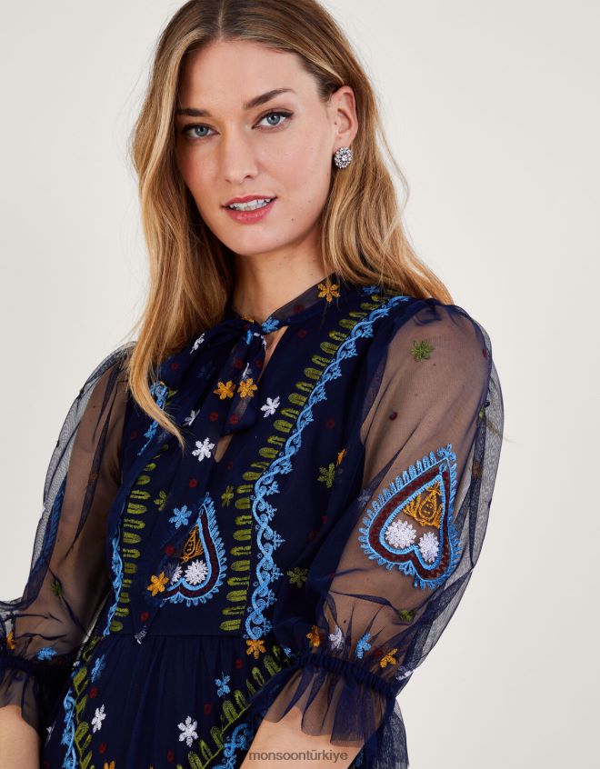 Monsoon kadınlar Geri dönüştürülmüş polyesterden Tracey işlemeli maksi elbise JH86BT945 Giyim Mavi Donanma)