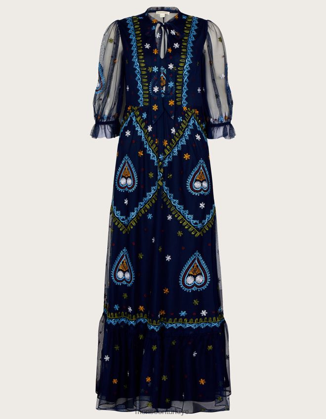 Monsoon kadınlar Geri dönüştürülmüş polyesterden Tracey işlemeli maksi elbise JH86BT945 Giyim Mavi Donanma)