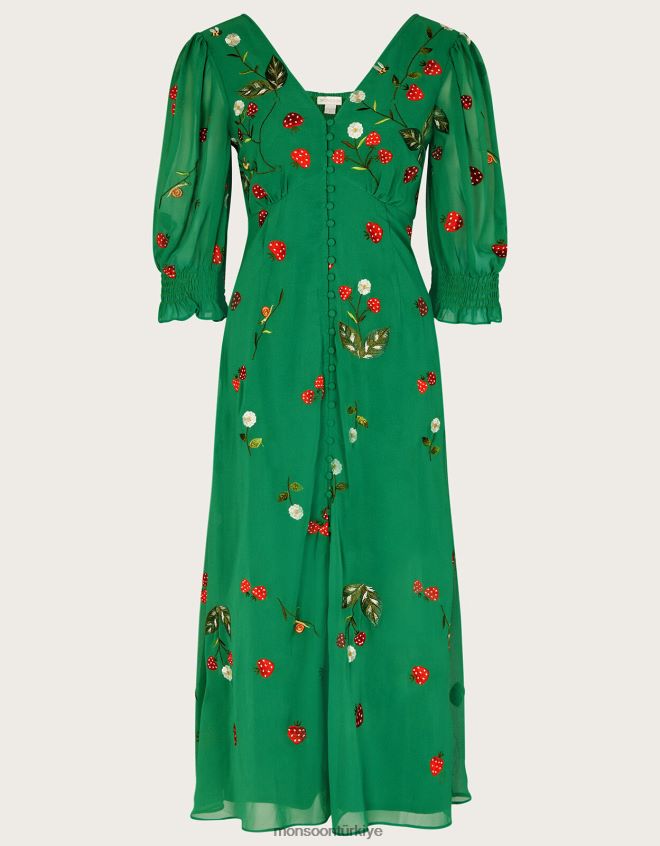 Monsoon kadınlar Geri dönüştürülmüş polyesterden işlemeli elbisenin içinden Simone düğmesi JH86BT769 Giyim yeşil