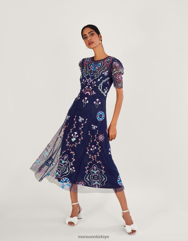 Monsoon kadınlar Geri dönüştürülmüş polyesterden leor işlemeli midi elbise JH86BT997 Giyim Mavi Donanma)