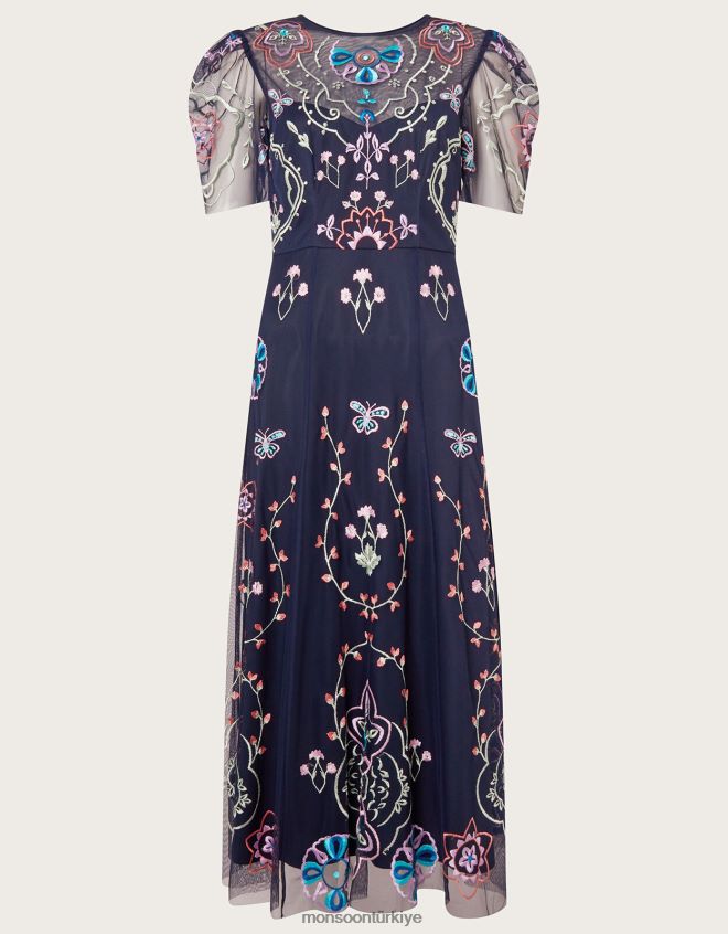 Monsoon kadınlar Geri dönüştürülmüş polyesterden leor işlemeli midi elbise JH86BT997 Giyim Mavi Donanma)