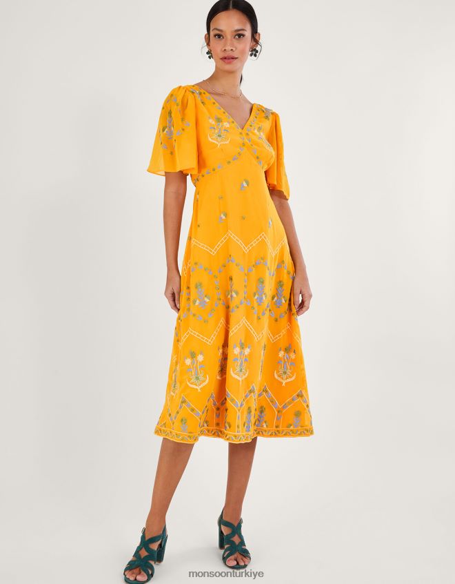 Monsoon kadınlar Geri dönüştürülmüş polyesterden margo işlemeli çay elbisesi JH86BT741 Giyim sarı