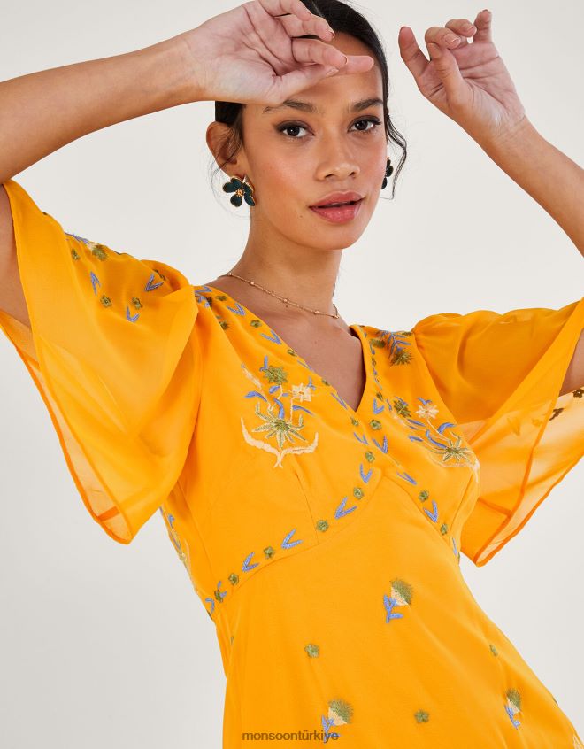 Monsoon kadınlar Geri dönüştürülmüş polyesterden margo işlemeli çay elbisesi JH86BT741 Giyim sarı