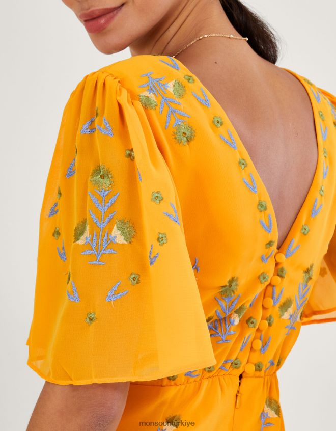 Monsoon kadınlar Geri dönüştürülmüş polyesterden margo işlemeli çay elbisesi JH86BT741 Giyim sarı