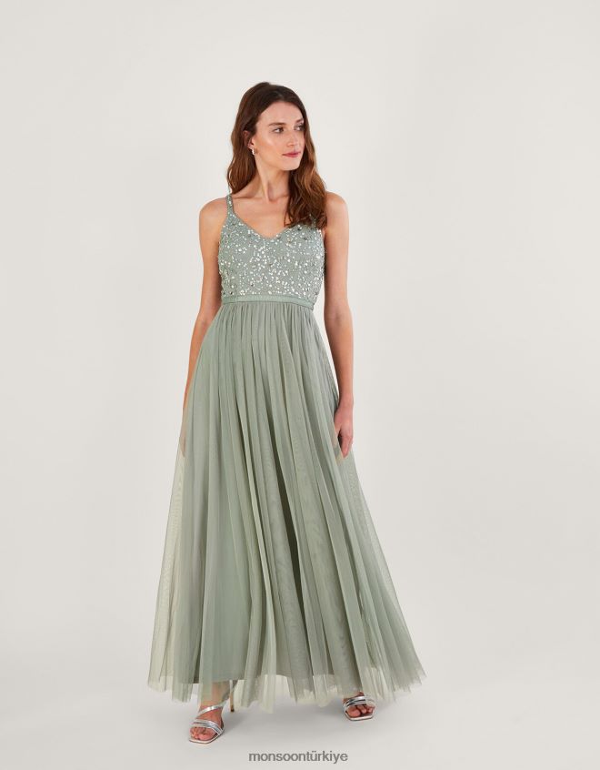 Monsoon kadınlar Geri dönüştürülmüş polyesterden sonbahar süslemeli maksi elbise JH86BT542 Giyim yeşil