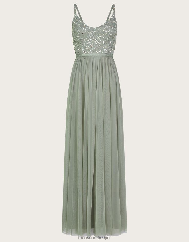 Monsoon kadınlar Geri dönüştürülmüş polyesterden sonbahar süslemeli maksi elbise JH86BT542 Giyim yeşil