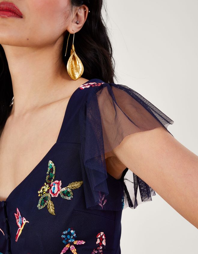 Monsoon kadınlar Helena\'nın geri dönüştürülmüş polyesterden süslenmiş çay elbisesi JH86BT25 Giyim Mavi Donanma)