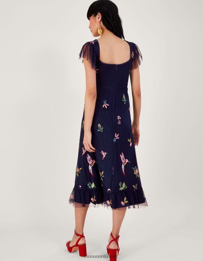 Monsoon kadınlar Helena\'nın geri dönüştürülmüş polyesterden süslenmiş çay elbisesi JH86BT25 Giyim Mavi Donanma)