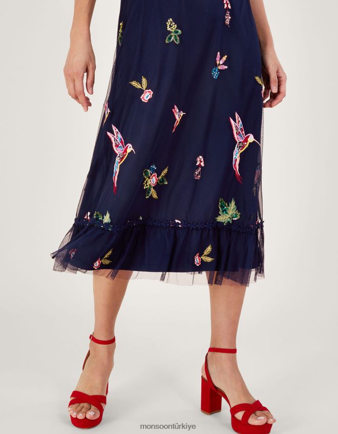 Monsoon kadınlar Helena\'nın geri dönüştürülmüş polyesterden süslenmiş çay elbisesi JH86BT25 Giyim Mavi Donanma)