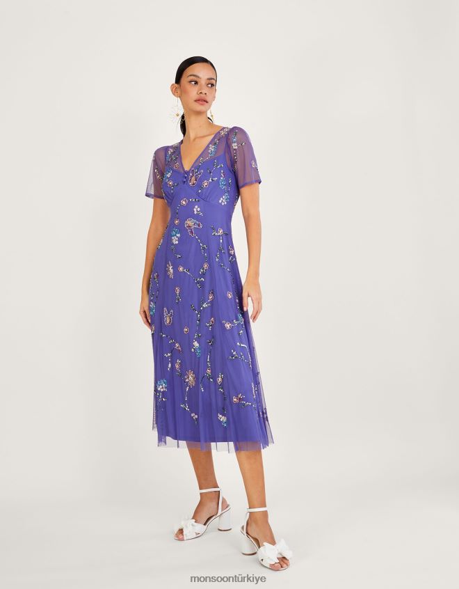 Monsoon kadınlar Kathy geri dönüştürülmüş polyesterden süslenmiş midi elbise JH86BT1088 Giyim mavi