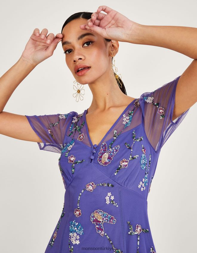 Monsoon kadınlar Kathy geri dönüştürülmüş polyesterden süslenmiş midi elbise JH86BT1088 Giyim mavi