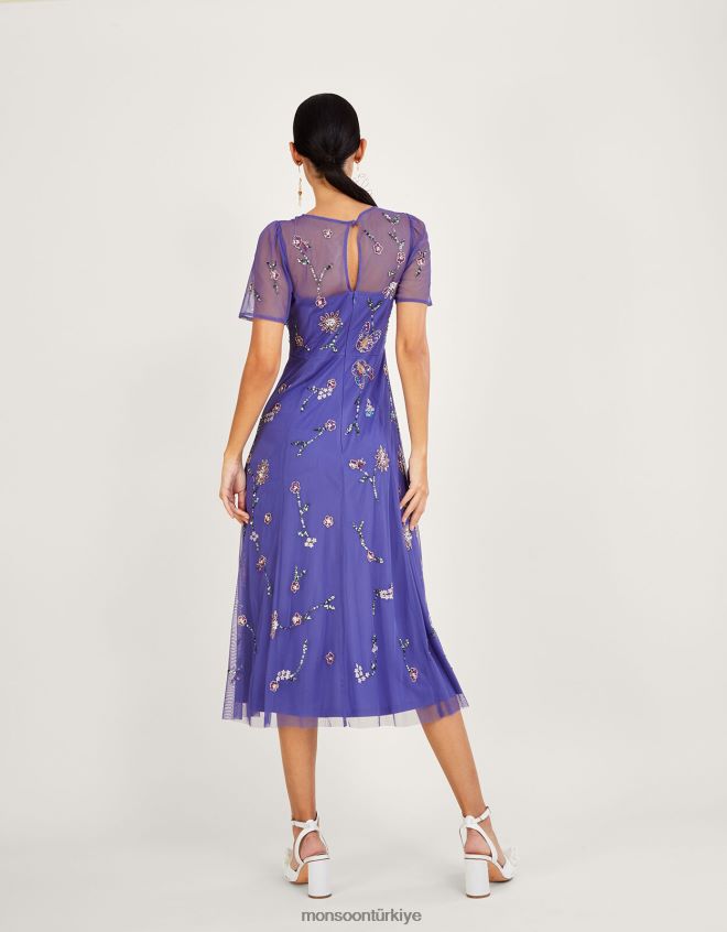 Monsoon kadınlar Kathy geri dönüştürülmüş polyesterden süslenmiş midi elbise JH86BT1088 Giyim mavi