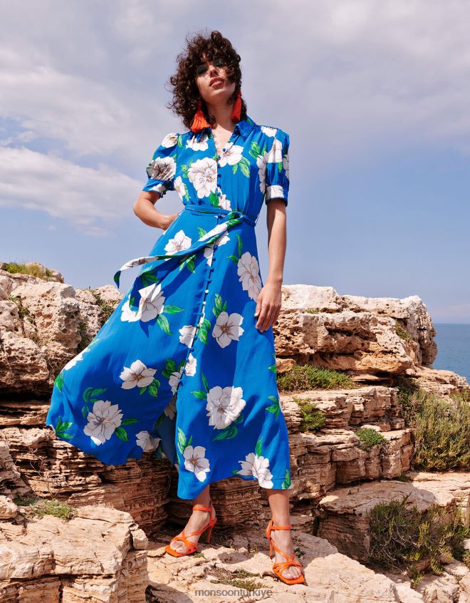 Monsoon kadınlar Milana sürdürülebilir viskondan süslenmiş gömlek elbise JH86BT517 Giyim mavi