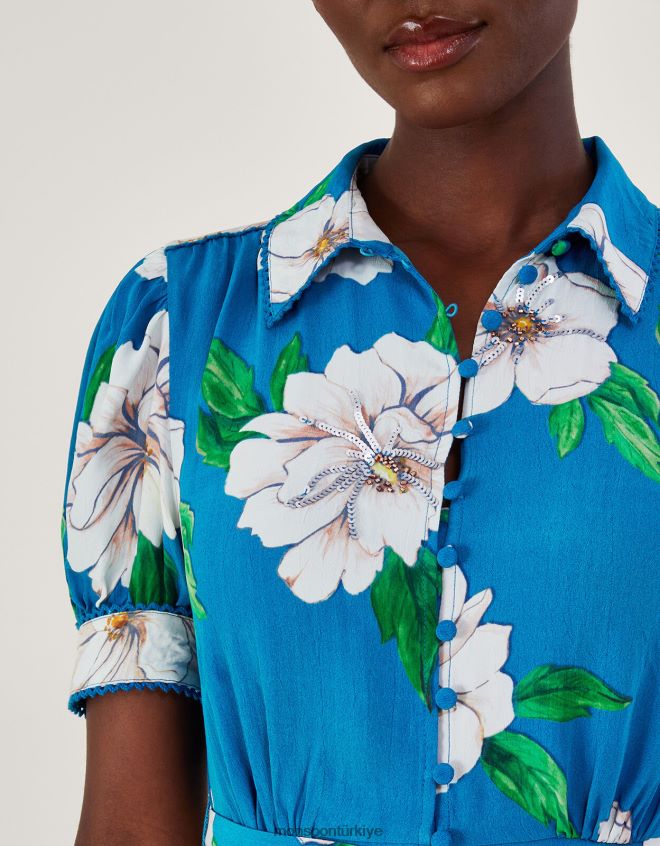 Monsoon kadınlar Milana sürdürülebilir viskondan süslenmiş gömlek elbise JH86BT517 Giyim mavi