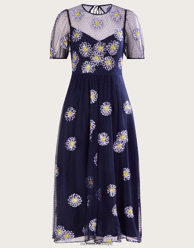 Monsoon kadınlar Nellie işlemeli midi elbise JH86BT866 Giyim Mavi Donanma)