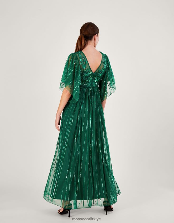 Monsoon kadınlar Ottilie geri dönüştürülmüş polyesterden süslenmiş maksi elbise JH86BT1181 Giyim yeşil