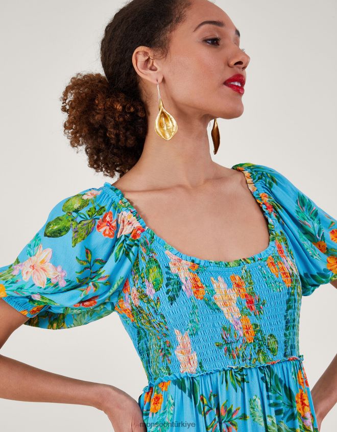 Monsoon kadınlar Sürdürülebilir viskondan Limella çiçek desenli büzgülü elbise JH86BT478 Giyim mavi