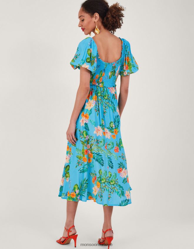 Monsoon kadınlar Sürdürülebilir viskondan Limella çiçek desenli büzgülü elbise JH86BT478 Giyim mavi
