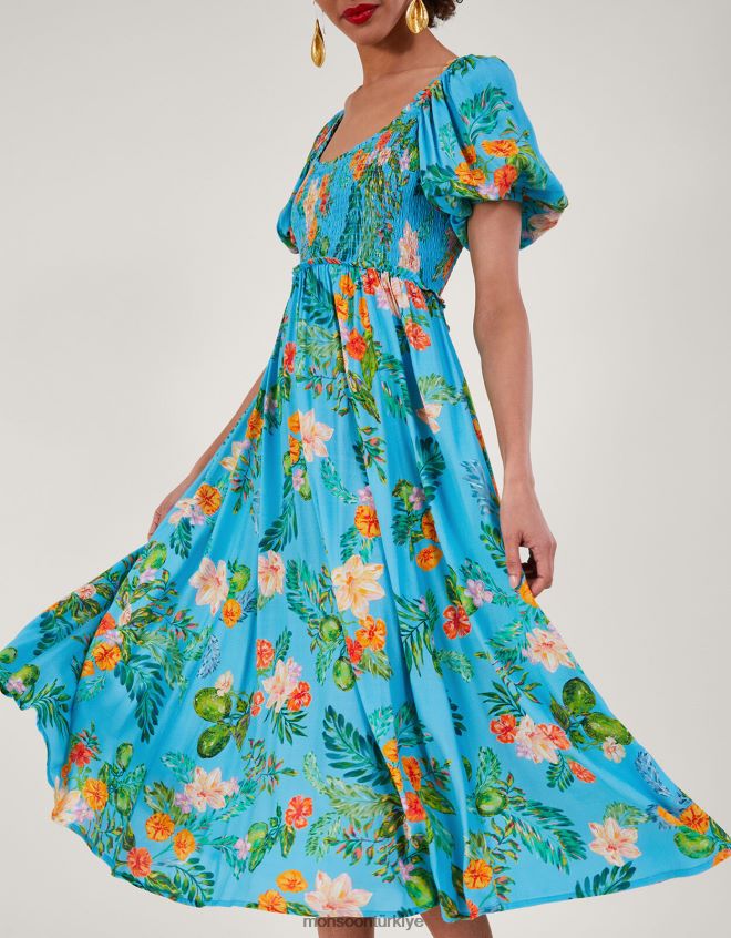 Monsoon kadınlar Sürdürülebilir viskondan Limella çiçek desenli büzgülü elbise JH86BT478 Giyim mavi