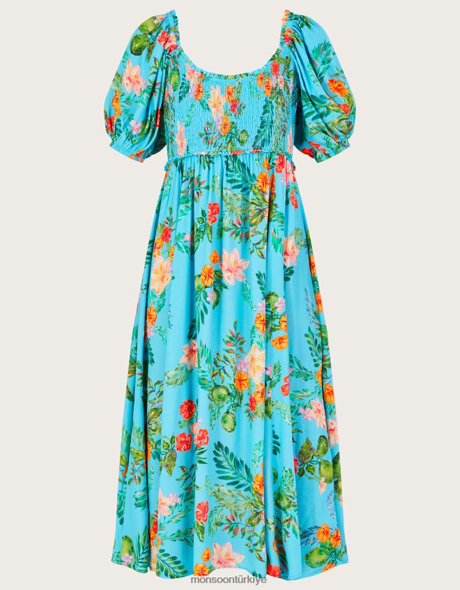 Monsoon kadınlar Sürdürülebilir viskondan Limella çiçek desenli büzgülü elbise JH86BT478 Giyim mavi