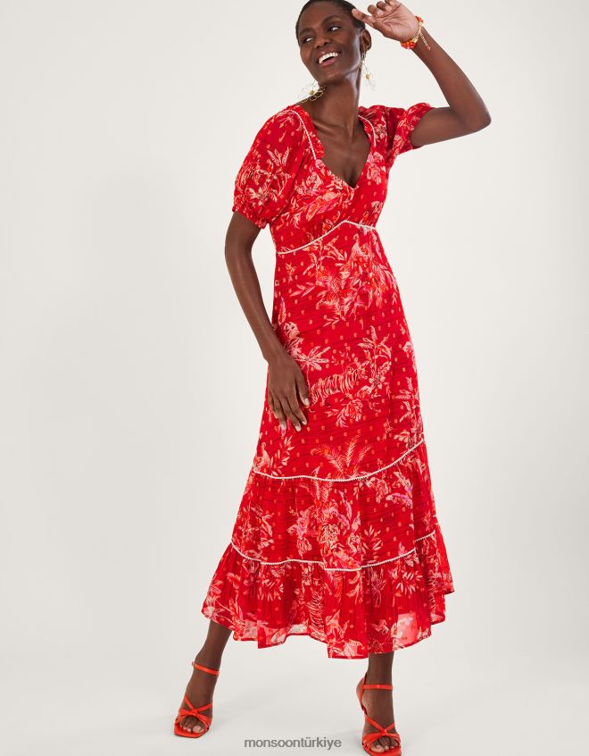 Monsoon kadınlar Sürdürülebilir viskondan arielle katmanlı desenli elbise JH86BT938 Giyim kırmızı