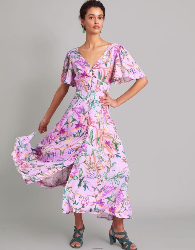 Monsoon kadınlar Sürdürülebilir viskondan calypso desenli midi elbise JH86BT1001 Giyim mor (leylak)