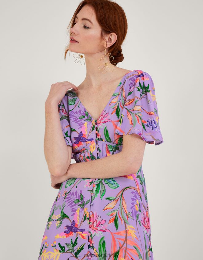 Monsoon kadınlar Sürdürülebilir viskondan calypso desenli midi elbise JH86BT1001 Giyim mor (leylak)