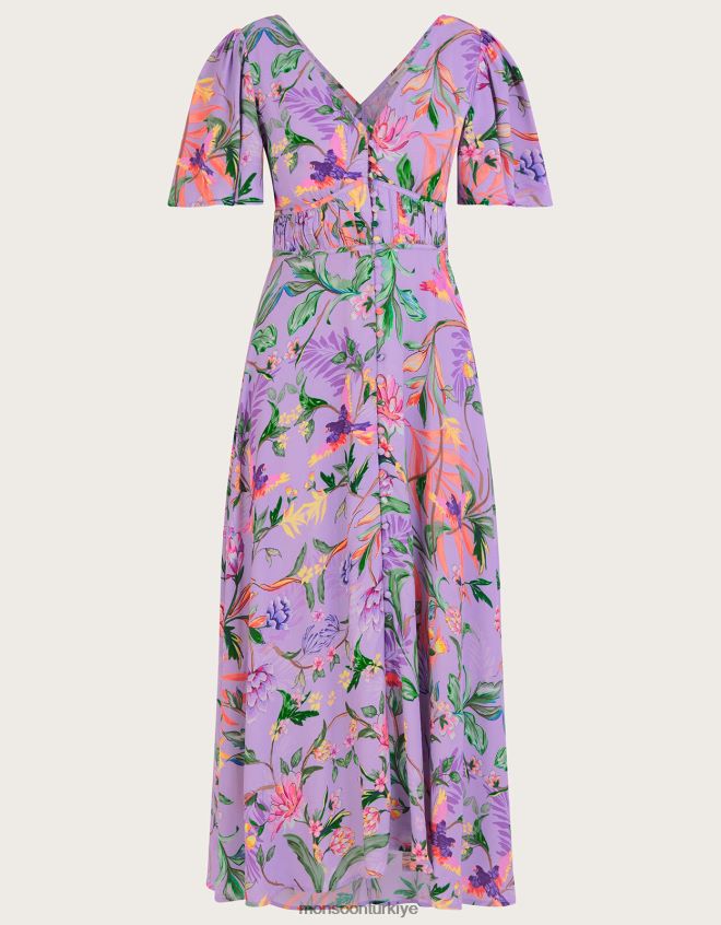 Monsoon kadınlar Sürdürülebilir viskondan calypso desenli midi elbise JH86BT1001 Giyim mor (leylak)