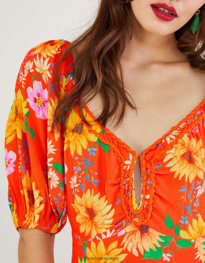 Monsoon kadınlar Sürdürülebilir viskondan manuela ayçiçeği elbisesi JH86BT578 Giyim turuncu