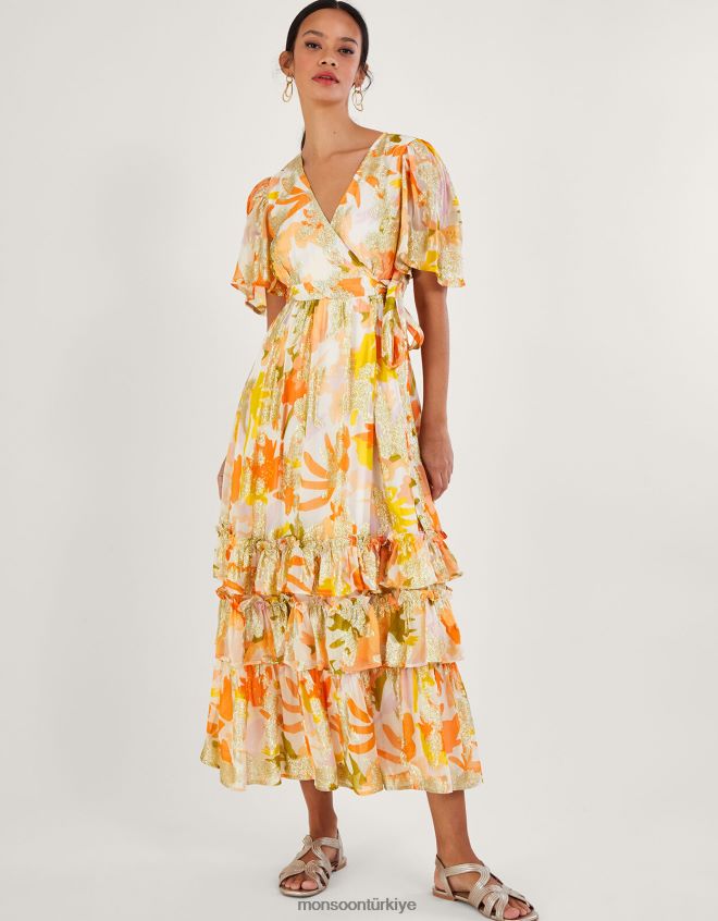 Monsoon kadınlar Sürdürülebilir viskondan metalik söğüt desenli anvelop elbise JH86BT175 Giyim fildişi