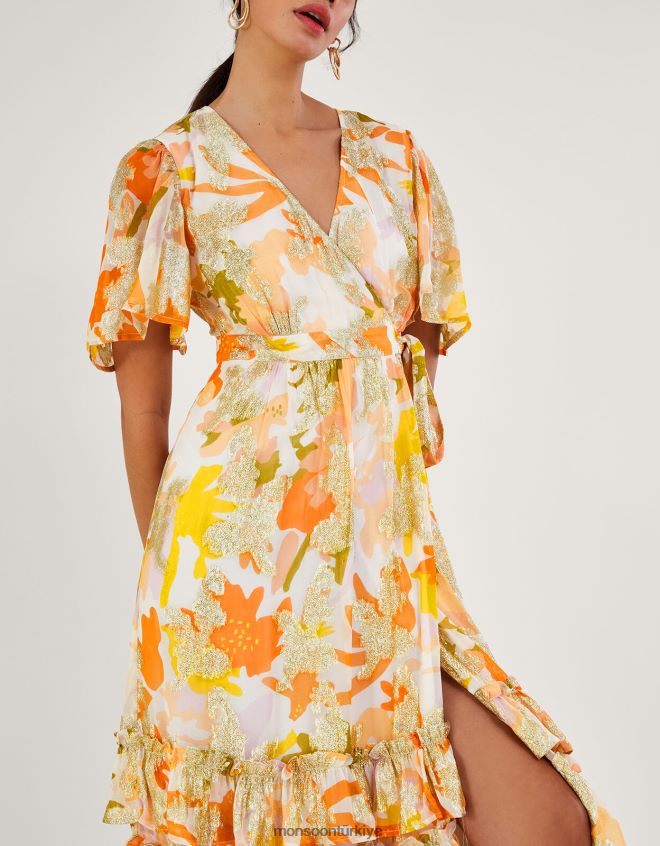 Monsoon kadınlar Sürdürülebilir viskondan metalik söğüt desenli anvelop elbise JH86BT175 Giyim fildişi