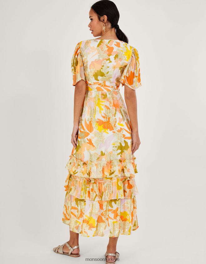 Monsoon kadınlar Sürdürülebilir viskondan metalik söğüt desenli anvelop elbise JH86BT175 Giyim fildişi