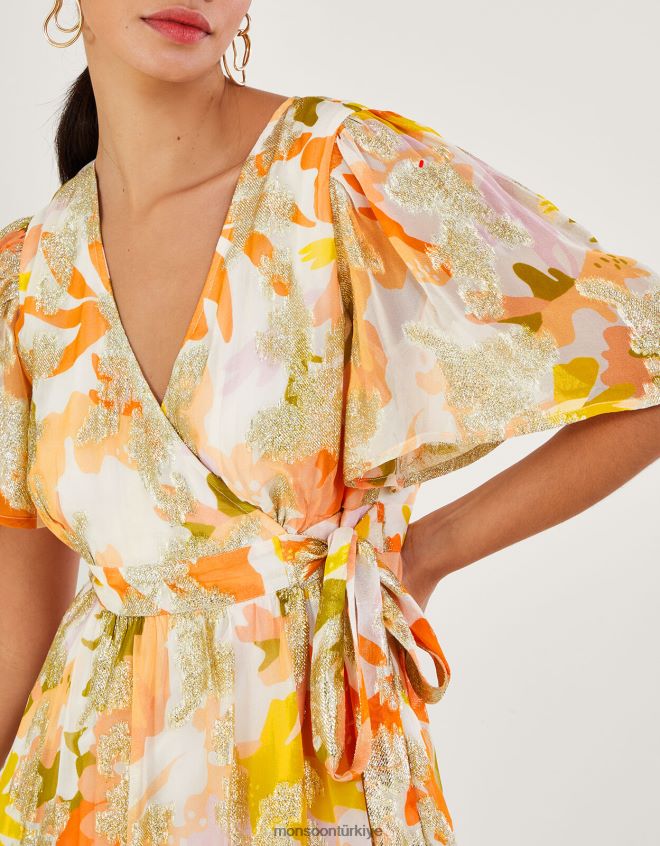 Monsoon kadınlar Sürdürülebilir viskondan metalik söğüt desenli anvelop elbise JH86BT175 Giyim fildişi