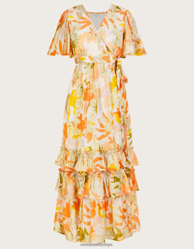 Monsoon kadınlar Sürdürülebilir viskondan metalik söğüt desenli anvelop elbise JH86BT175 Giyim fildişi