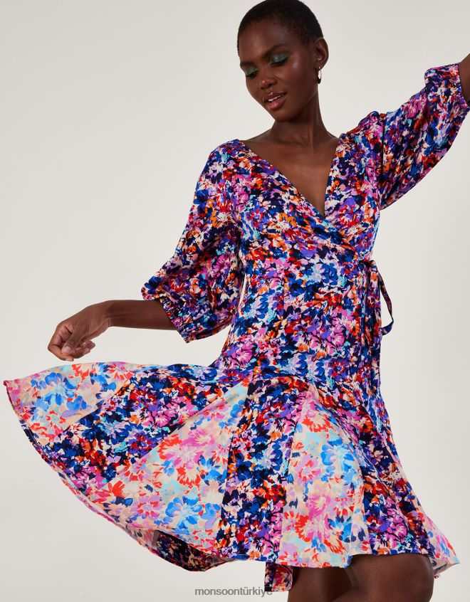 Monsoon kadınlar Sürdürülebilir viskondan palmer desenli pilili elbise JH86BT236 Giyim mavi