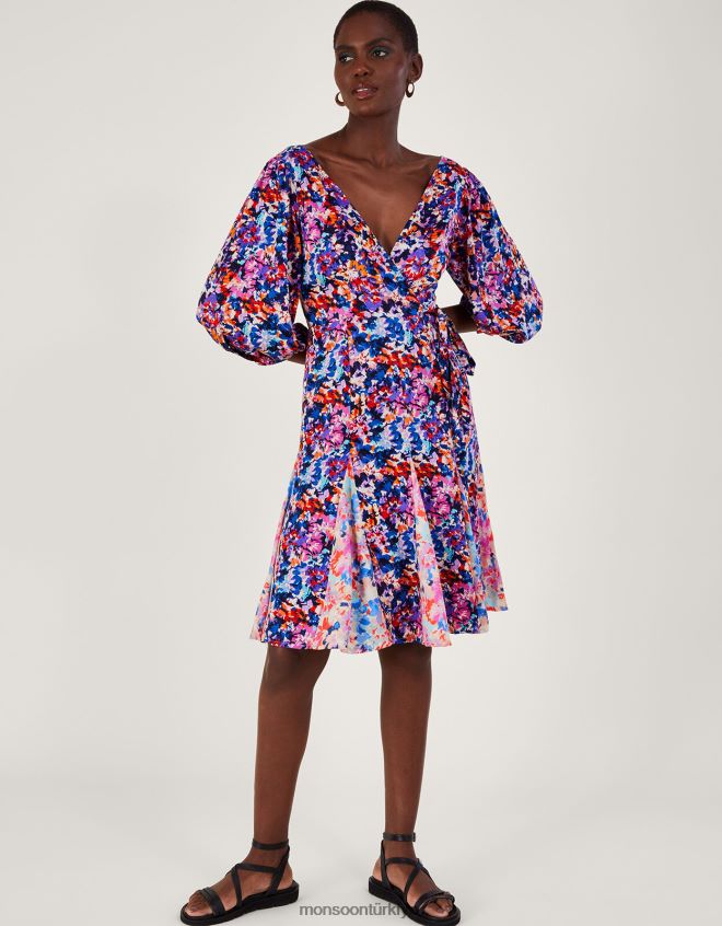 Monsoon kadınlar Sürdürülebilir viskondan palmer desenli pilili elbise JH86BT236 Giyim mavi