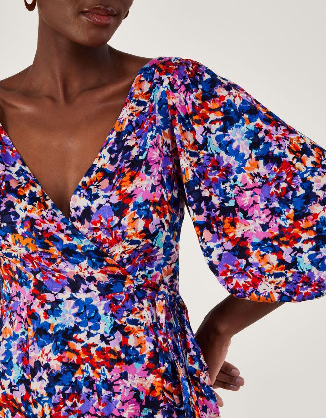 Monsoon kadınlar Sürdürülebilir viskondan palmer desenli pilili elbise JH86BT236 Giyim mavi