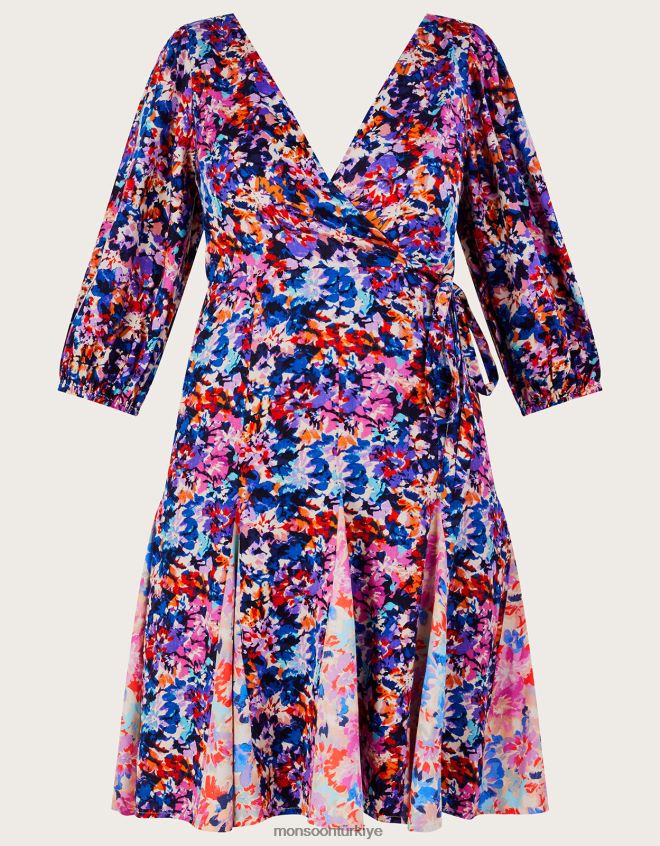 Monsoon kadınlar Sürdürülebilir viskondan palmer desenli pilili elbise JH86BT236 Giyim mavi