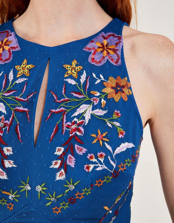 Monsoon kadınlar Theodora geri dönüştürülmüş polyesterden işlemeli maksi elbise JH86BT543 Giyim mavi