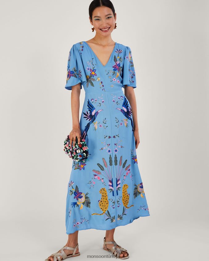 Monsoon kadınlar audra geri dönüştürülmüş polyesterden işlemeli çay elbisesi JH86BT540 Giyim mavi