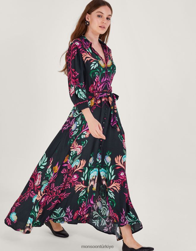 Monsoon kadınlar baskılı gömlek elbise JH86BT60 Giyim Mavi Donanma)