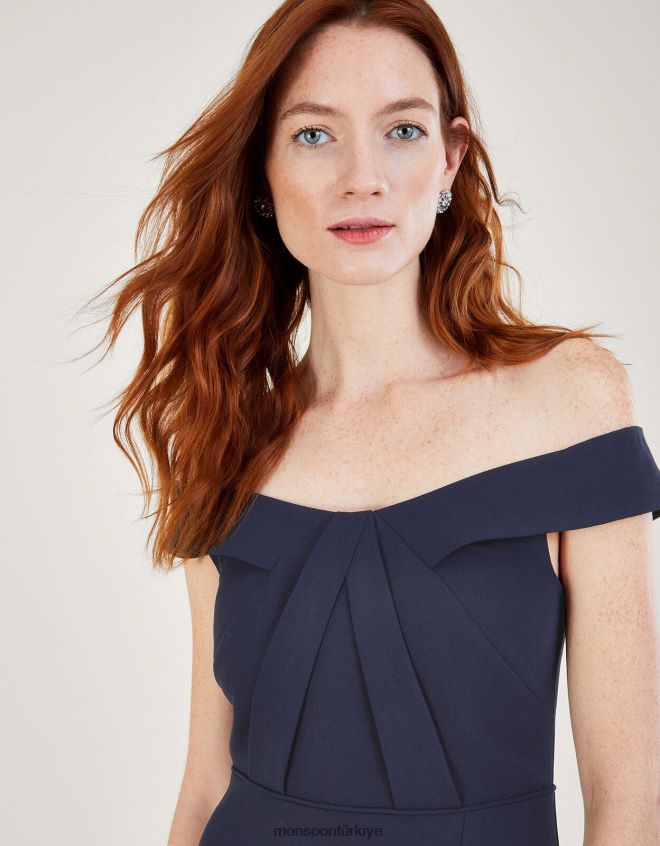 Monsoon kadınlar beatrice krep bardot maxi elbise JH86BT496 Giyim Mavi Donanma)