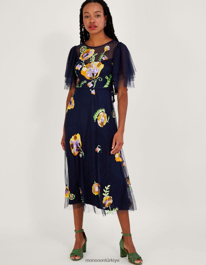 Monsoon kadınlar claudia işlemeli midi elbise JH86BT239 Giyim Mavi Donanma)
