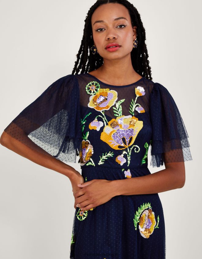 Monsoon kadınlar claudia işlemeli midi elbise JH86BT239 Giyim Mavi Donanma)