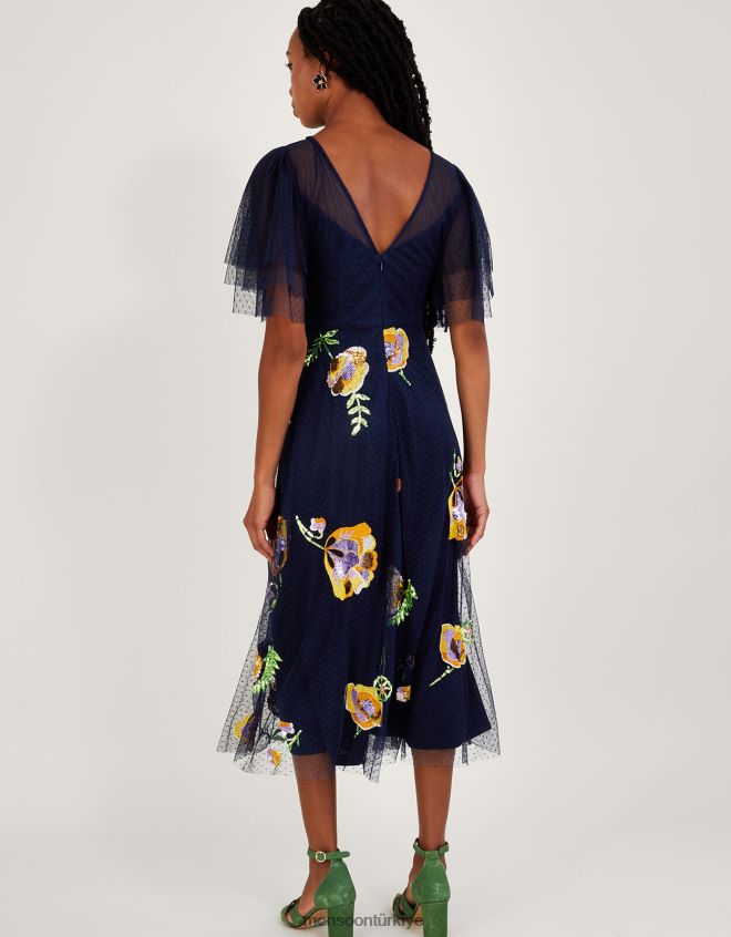 Monsoon kadınlar claudia işlemeli midi elbise JH86BT239 Giyim Mavi Donanma)