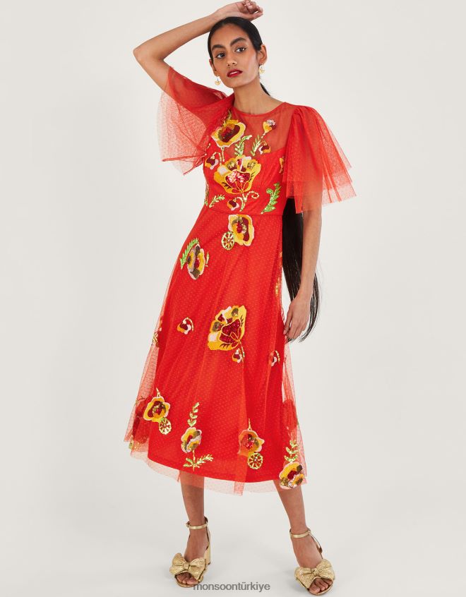Monsoon kadınlar claudia işlemeli midi elbise JH86BT764 Giyim kırmızı